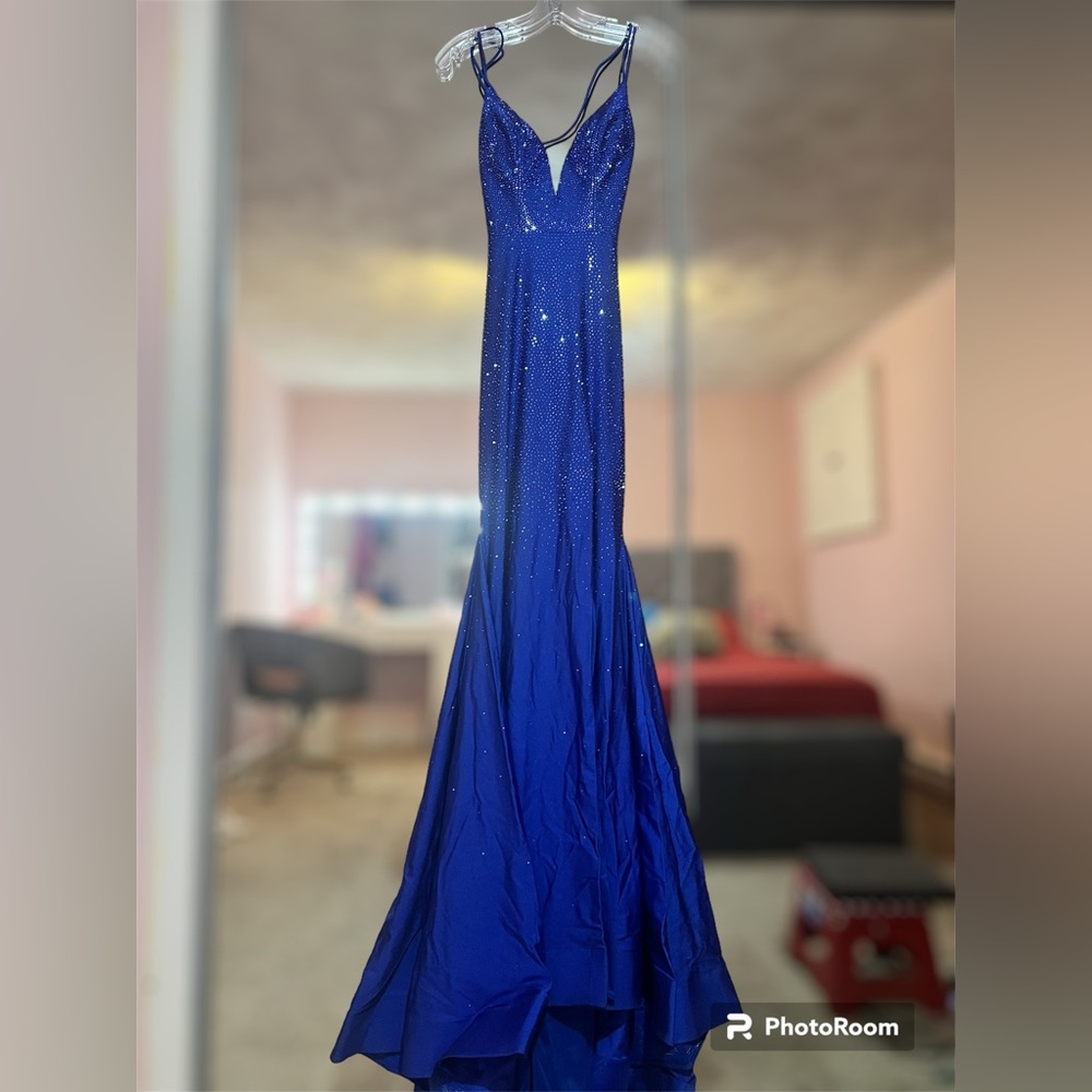 Royal blue crisscross back prom dress full of rhinestones size 00
